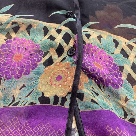 Chadwicks Blouse Button Up Top womens Medium Black Purple Sheer Tropical Floral - Picture 5 of 11